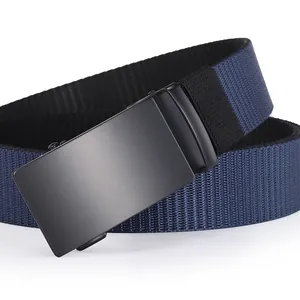 Detail of durable navy blue nylon tactical belt with matte black alloy automatic buckle