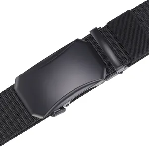 Close-up of matte black metal automatic buckle and high-density nylon woven tactical belt
