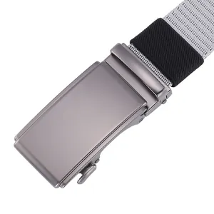 Detail of matte zinc alloy automatic buckle with grey nylon woven belt texture