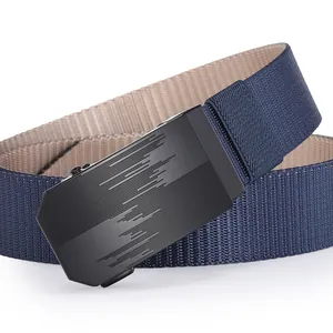Detail of dark blue woven canvas belt with matte black metal automatic buckle texture