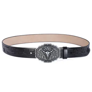 Western cowboy black leather belt with embossed bull skull buckle and floral patterns