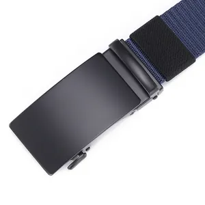 Close-up of navy nylon tactical belt featuring black matte alloy automatic buckle