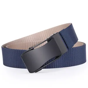 Detail of blue and khaki woven canvas belt with a matte black rotatable buckle