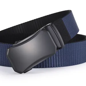 Close-up of navy blue nylon woven strap and matte black automatic buckle detail