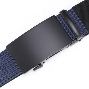 Detail of matte black alloy buckle and high-density blue nylon braided tactical belt