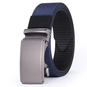 Men's navy blue canvas tactical belt with matte grey automatic metal buckle on white background