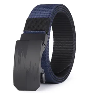 Detail of navy blue nylon woven belt with matte black automatic metal buckle and texture