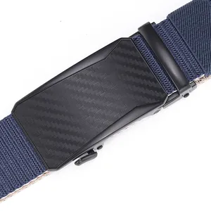 Detail of automatic buckle with carbon fiber pattern and blue woven nylon belt