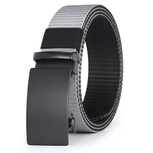 Men's tactical woven nylon belt with gray and black pattern and matte automatic buckle