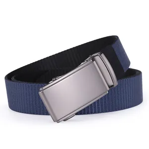 Detail of dark blue nylon woven belt with a matte grey metal automatic buckle