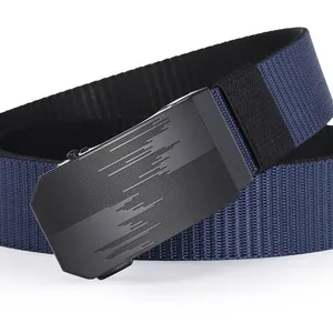 Detail of navy blue nylon woven belt with a textured black metal automatic buckle