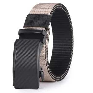 Men's khaki nylon woven belt with carbon fiber texture automatic slide buckle