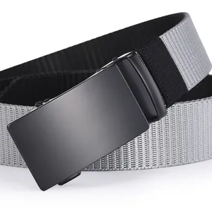 Close-up of tactical nylon belt with matte black automatic buckle and grey-black stitching