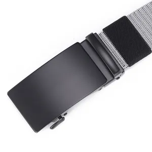Close-up of black matte alloy buckle and grey woven nylon belt with elastic loop