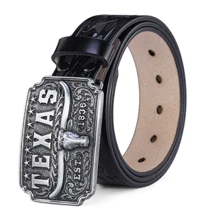 Western cowboy leather belt featuring silver longhorn bull relief buckle and Texas engraving