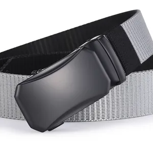 Close-up of gray woven nylon belt with black matte metal automatic buckle detail
