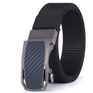Business casual men's nylon belt with automatic gunmetal buckle and carbon fiber texture