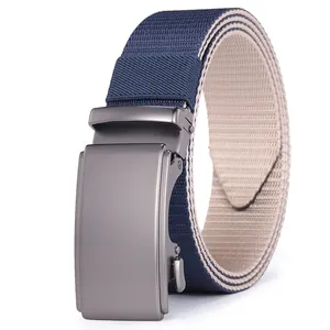 Men's casual nylon canvas belt with two-tone weave and matte automatic metal buckle