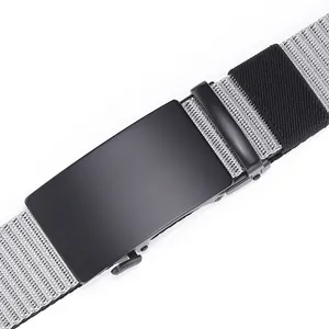 Close-up of grey and white woven nylon tactical belt with matte black metal buckle