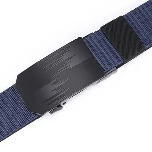 Close-up of navy nylon tactical belt with black brushed metal automatic buckle detail