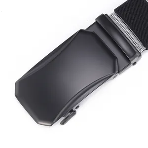 Close-up of black matte metal automatic buckle with textured nylon woven belt strap
