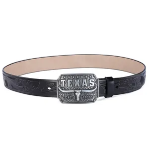 Retro cowboy leather belt with embossed floral patterns and silver Texas bull head buckle