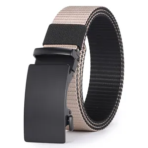 Men's nylon woven tactical belt with matte black automatic slide buckle in khaki and black