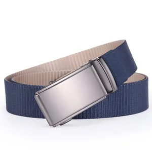 Detail of navy blue and khaki nylon woven belt with matte grey automatic metal buckle