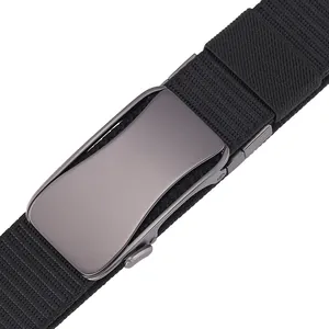 Close-up of matte gunmetal rotatable buckle and black nylon tactical woven belt