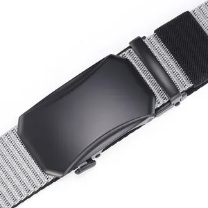 Close-up of matte black alloy buckle and grey woven nylon tactical belt texture