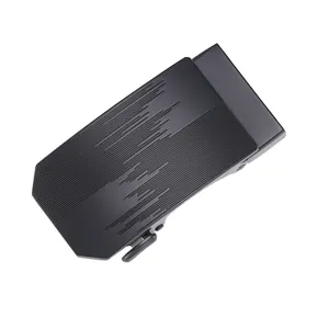 Detail of matte black automatic belt buckle with modern asymmetric textured stripes