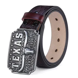 Men's vintage leather belt with embossed longhorn steer skull alloy buckle in brown