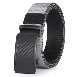 Men's gray nylon woven tactical belt with black automatic metal buckle and carbon fiber texture