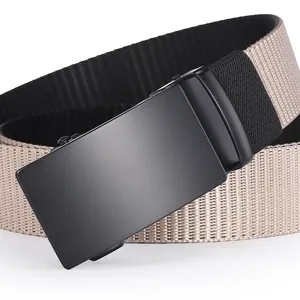 Detail of a khaki and black nylon tactical belt with a matte black automatic alloy buckle