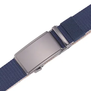 Detail of automatic buckle on blue and khaki woven nylon canvas belt for men