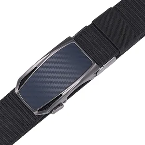 Detailed close-up of nylon woven belt featuring a carbon fiber pattern on the auto-buckle