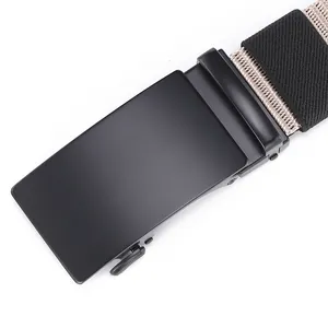 Close-up of matte black tactical automatic buckle with durable khaki woven nylon belt strap