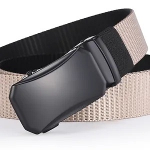 Detailed view of the matte black automatic buckle and beige woven nylon strap texture