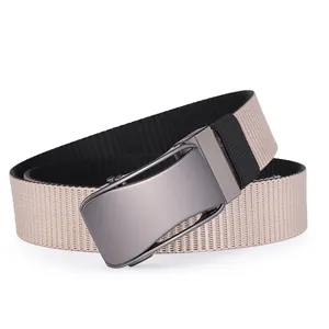 Macro view of khaki woven canvas tactical belt with grey metal automatic buckle detail