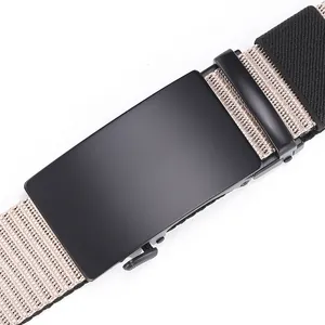 Detail of matte black alloy buckle and beige nylon woven tactical belt texture