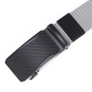 Detail of grey nylon braided belt with matte black carbon fiber textured automatic buckle