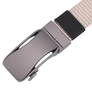 Close-up of gunmetal automatic buckle and beige woven belt with modern matte finish