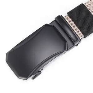Close-up of matte black geometric buckle and textured nylon woven belt strap
