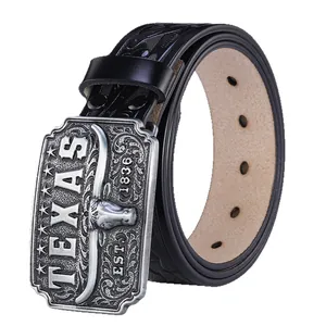 Vintage western leather belt with embossed vine patterns and Texas longhorn alloy buckle