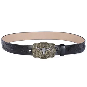 Western cowboy leather belt with vintage floral embossing and bull head buckle decoration