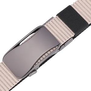 Detail of matte gunmetal automatic buckle with beige woven nylon tactical belt strap