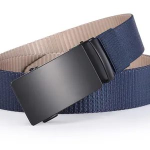 Detail of navy nylon tactical belt featuring matte black alloy buckle and bicolor webbing