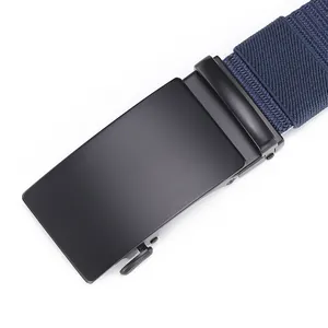 Close-up of navy blue nylon belt featuring a sleek matte black alloy automatic buckle