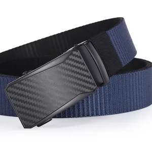 Detail of nylon woven belt strap with black matte automatic buckle and carbon fiber texture
