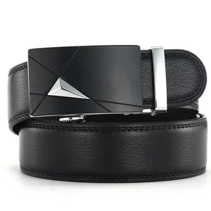 Detail of black leather belt with lychee texture and frosted alloy automatic buckle